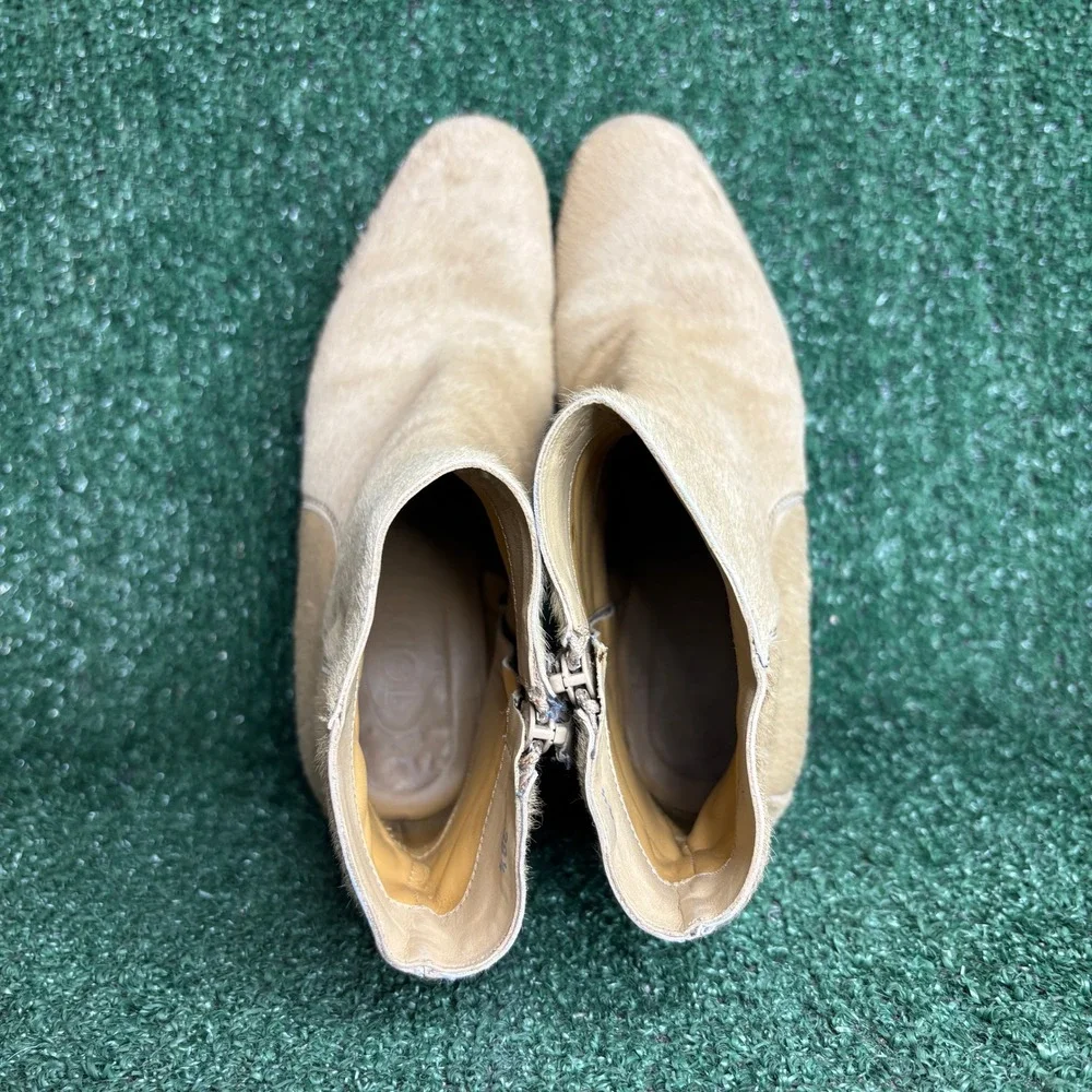 Tods Pony Hair Block Heel Side Zip Ankle Bootie Moto Tan Beige Womens Size 8.5‎